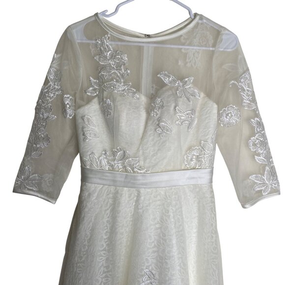 Elegant Lace Wedding Dress Size S ? Beige Sheer Embroidered 3/4 Sleeves & Illusi - Picture 2 of 16